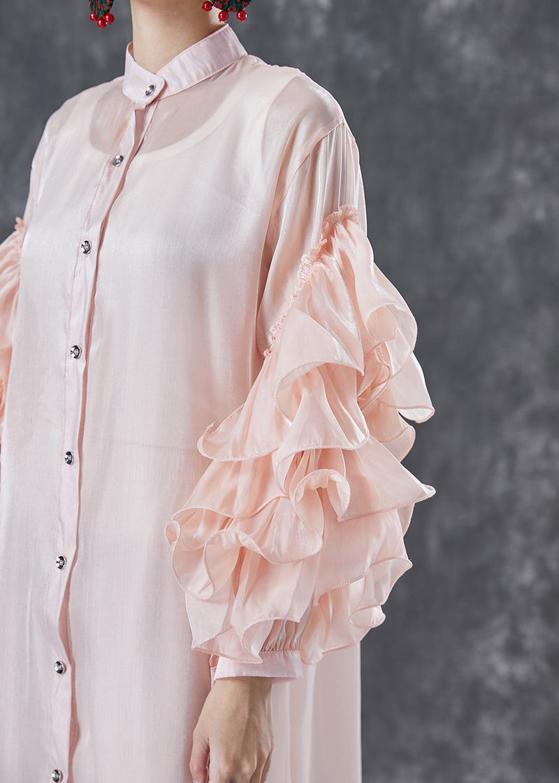 Pink Chiffon Upf 50+ Long Shirt Stand Collar Oversized Petal Sleeve