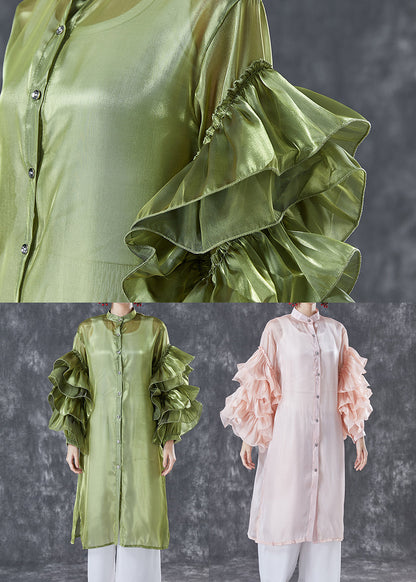 Pink Chiffon Upf 50+ Long Shirt Stand Collar Oversized Petal Sleeve