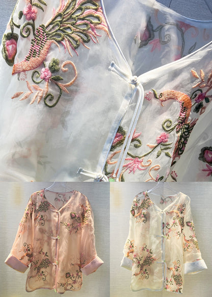 Pink Chinese Button Patchwork Tulle Shirt V Neck Long Sleeve