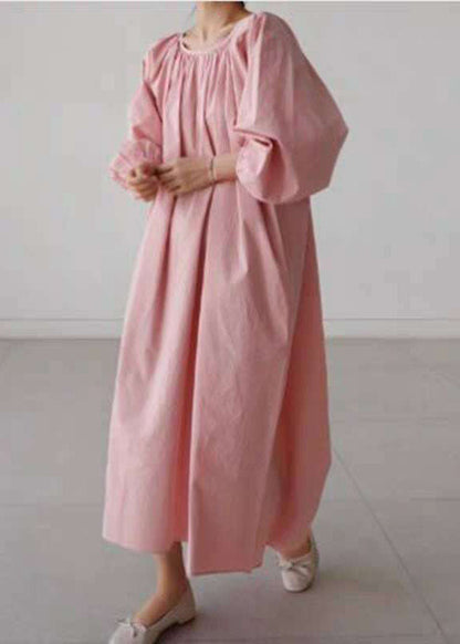 Pink Cotton O-neck Wrinkled Maxi Dress Three Quarter Sleeve