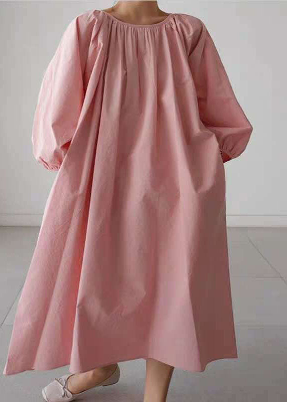 Pink Cotton O-neck Wrinkled Maxi Dress Three Quarter Sleeve