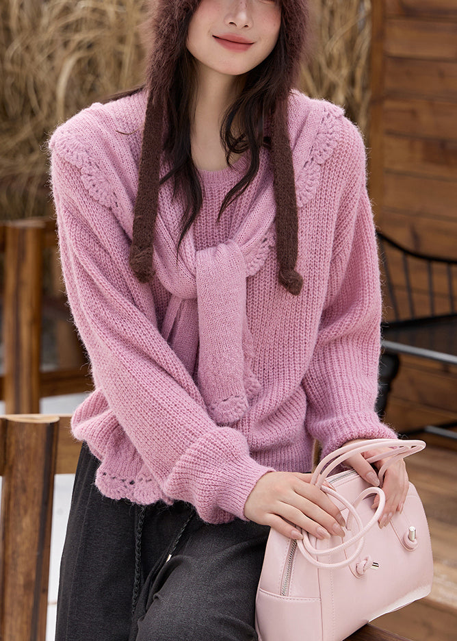 Pink Cozy Cotton Knit Sweaters and Shawl Two Piece Set Spring
