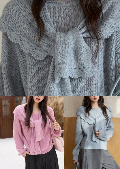 Pink Cozy Cotton Knit Sweaters and Shawl Two Piece Set Spring