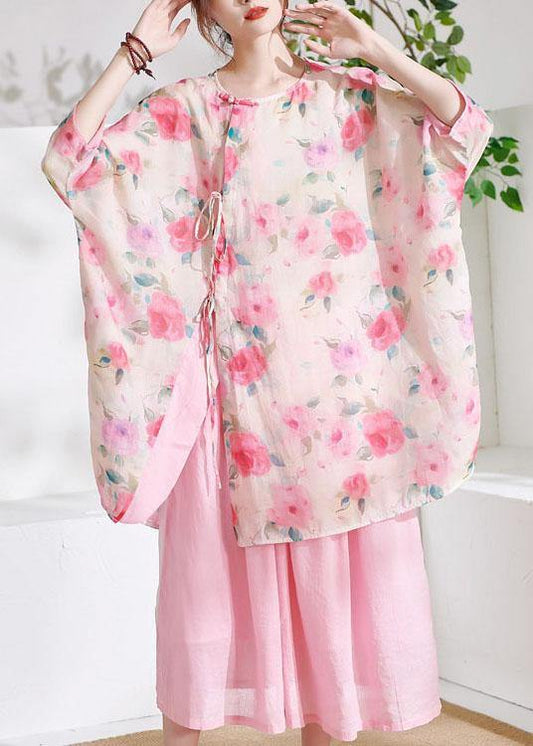 Pink Print Asymmetrical Design Summer Half Sleeve Top