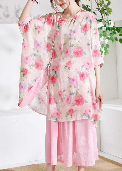 Pink Print Asymmetrical Design Summer Half Sleeve Top