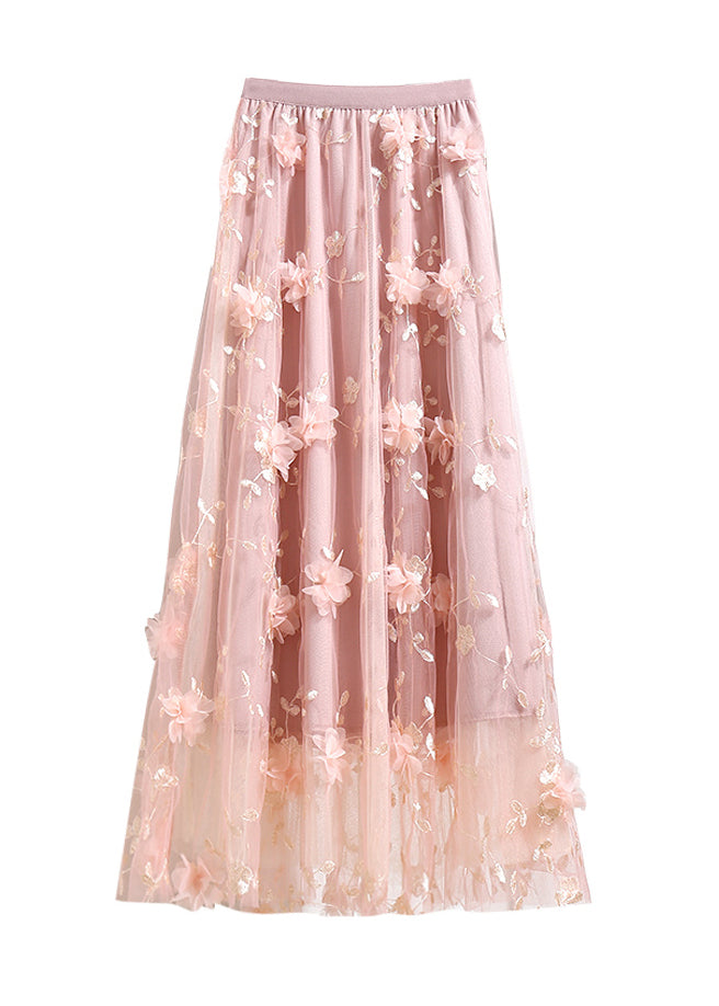 Pink Elastic Waist Tulle a Line Skirts Summer