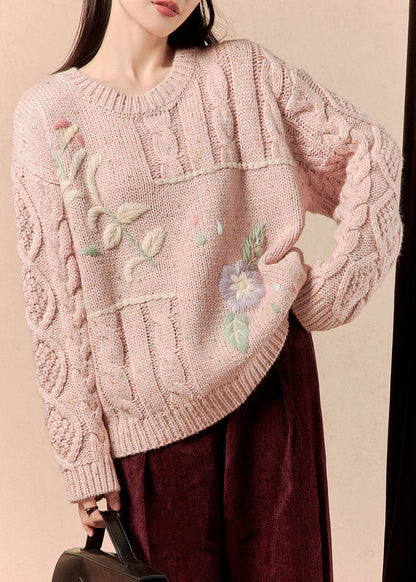 Pink Embroidered Loose Knit Sweater O-neck Spring