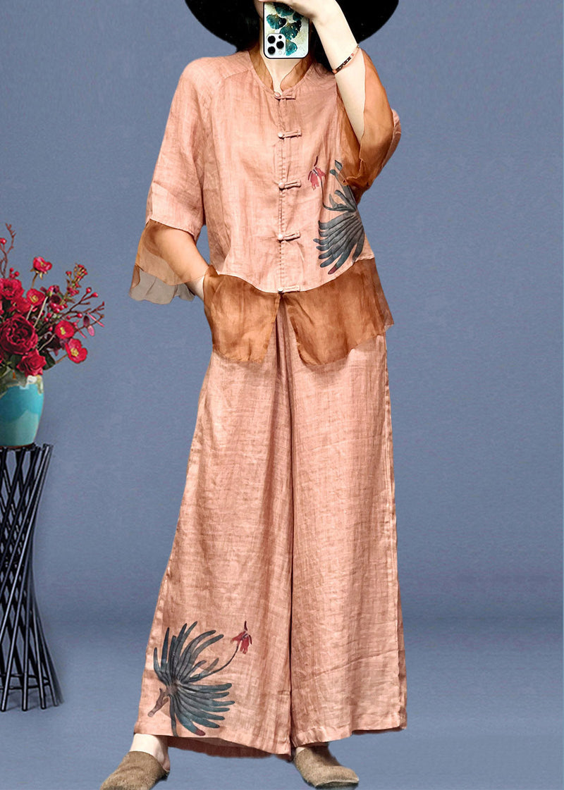 Pink Embroideried Button Linen Shirts and Wide Leg Pants Linen Summer