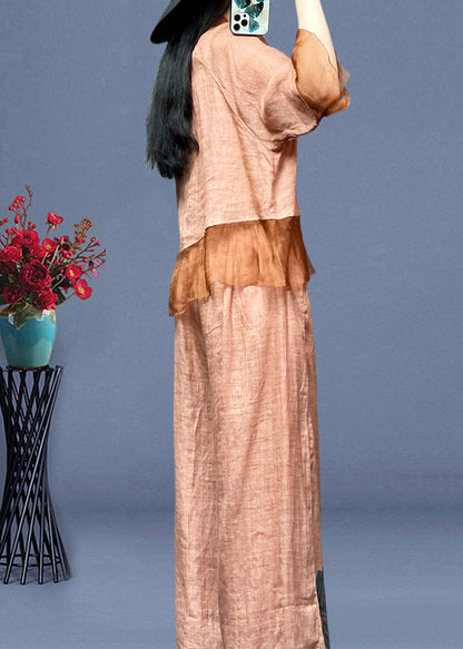 Pink Embroideried Button Linen Shirts and Wide Leg Pants Linen Summer