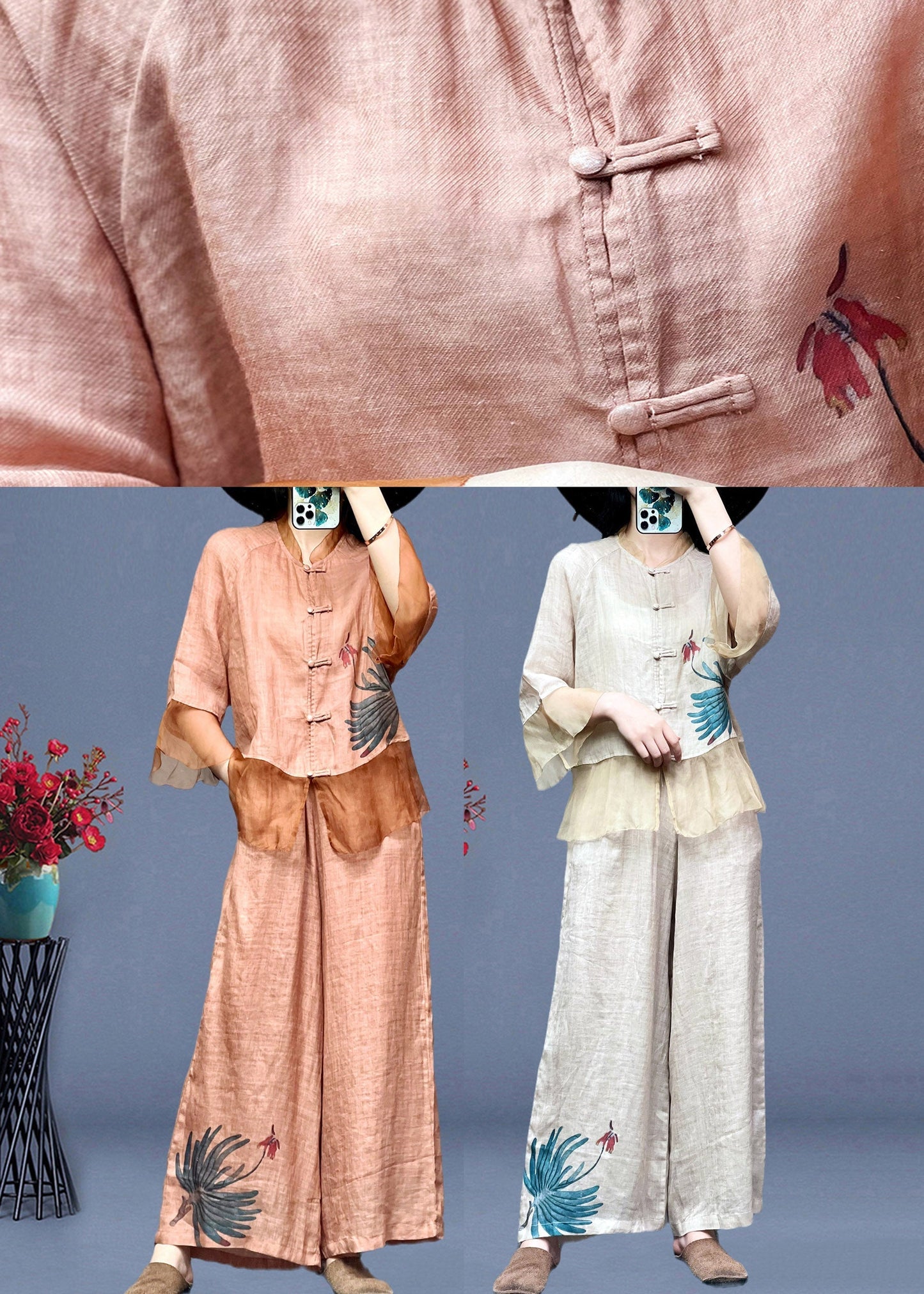 Pink Embroideried Button Linen Shirts and Wide Leg Pants Linen Summer