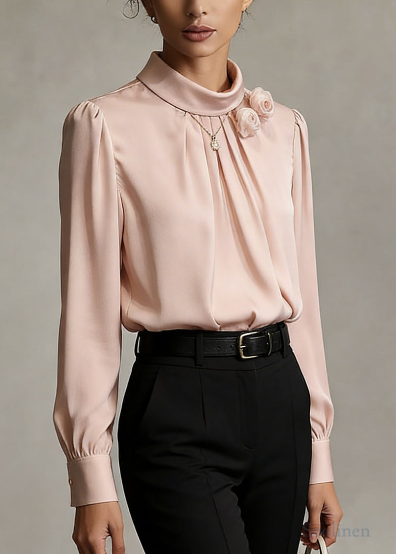 Pink Decorated Chiffon Shirts Stand Collar Wrinkled Spring