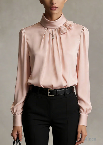 Pink Floral Decorated Chiffon Shirts Stand Collar Wrinkled Spring