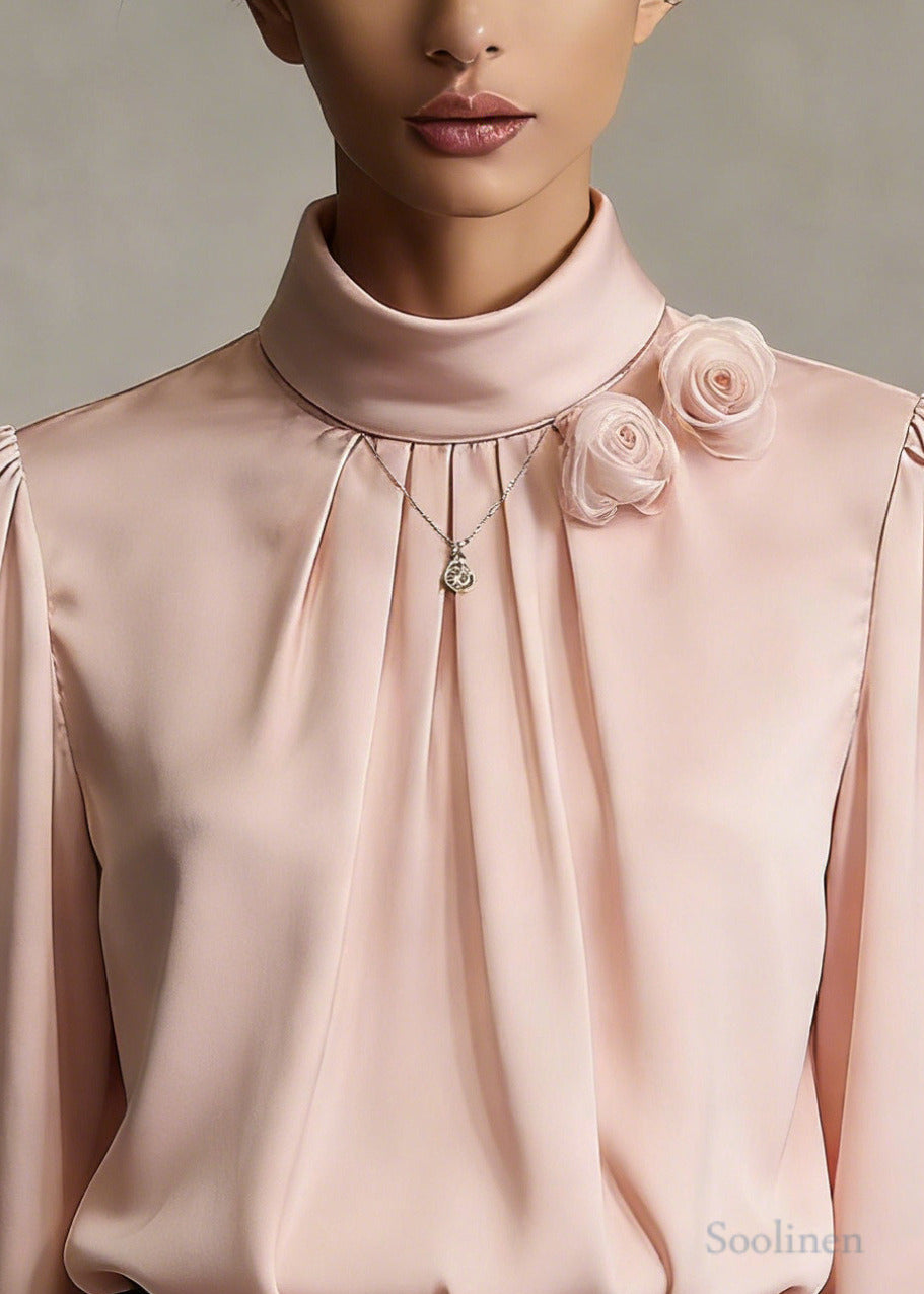 Pink Floral Decorated Chiffon Shirts Stand Collar Wrinkled Spring