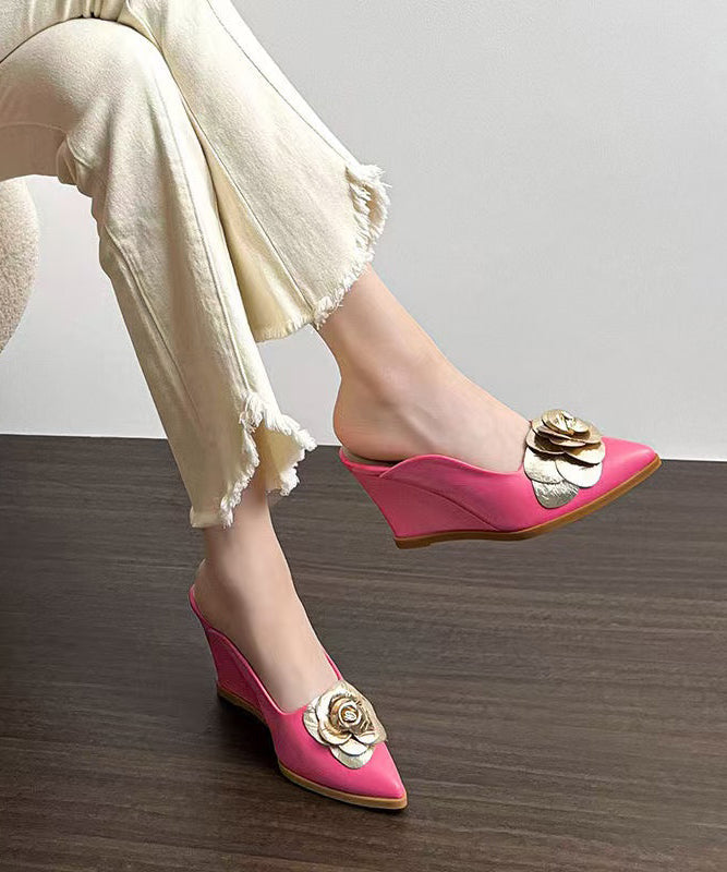 Pink Wedge Heels Slide Sandals Pointed Toe