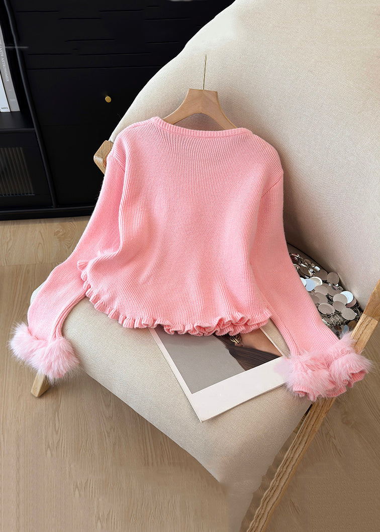 Pink Fluffy Patchwork Knit Winter Sweater O Neck