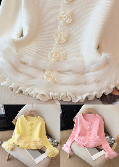 Pink Fluffy Patchwork Knit Winter Sweater O Neck