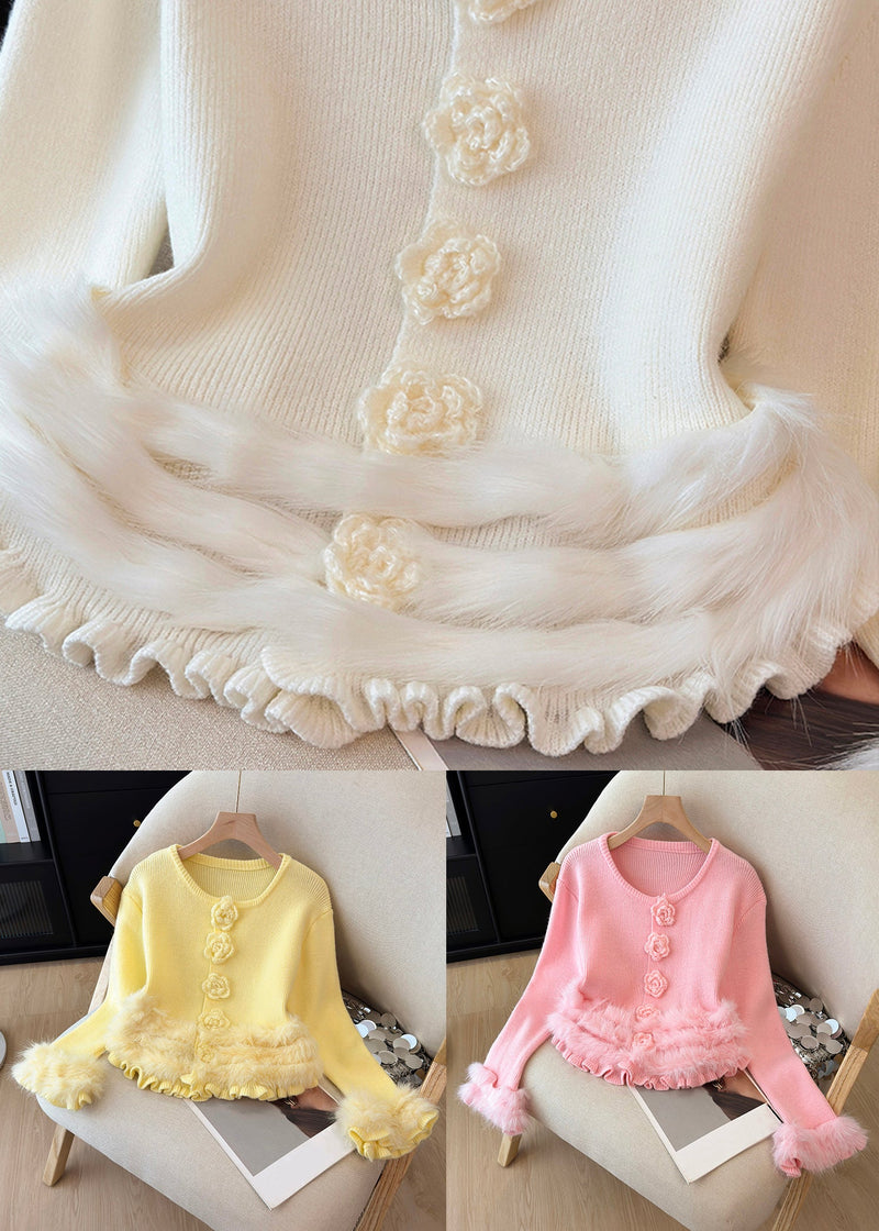 Pink Fluffy Patchwork Knit Winter Sweater O Neck