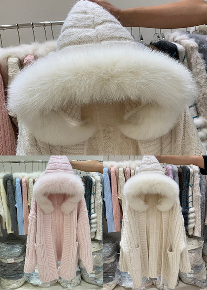 Pink Fox Collar Pockets Patchwork Cable Knit Cardigan Hooded