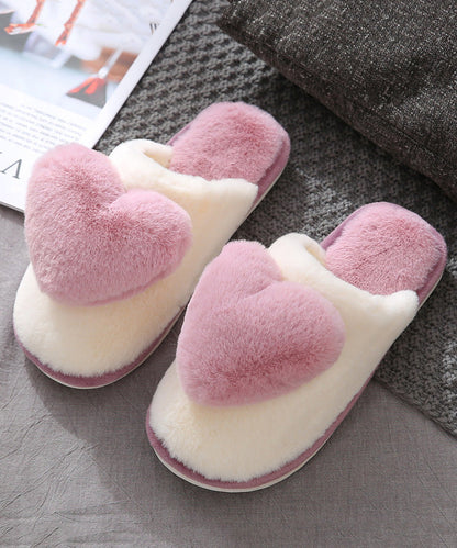 Pink Fuzzy Wool Lined Slippers Shoes Splicing Heart
