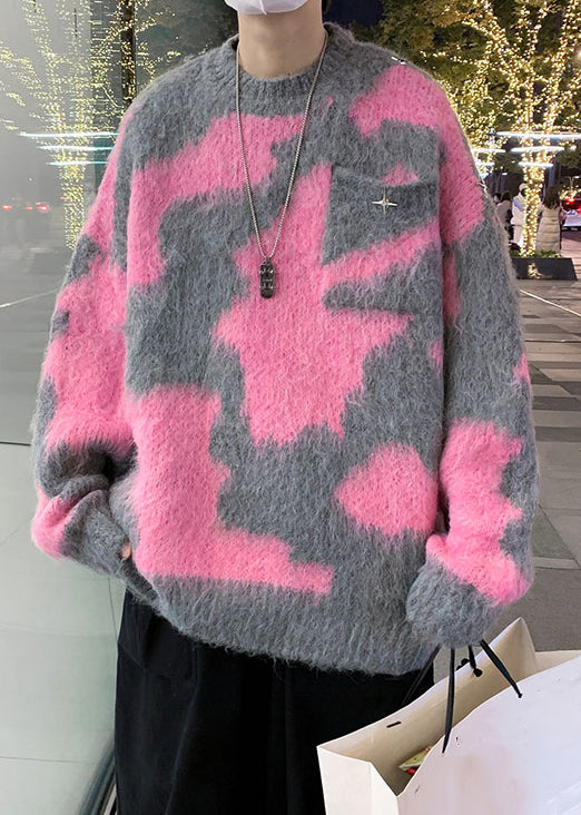 Pink Geometric Cozy Knit Sweater O Neck Winter