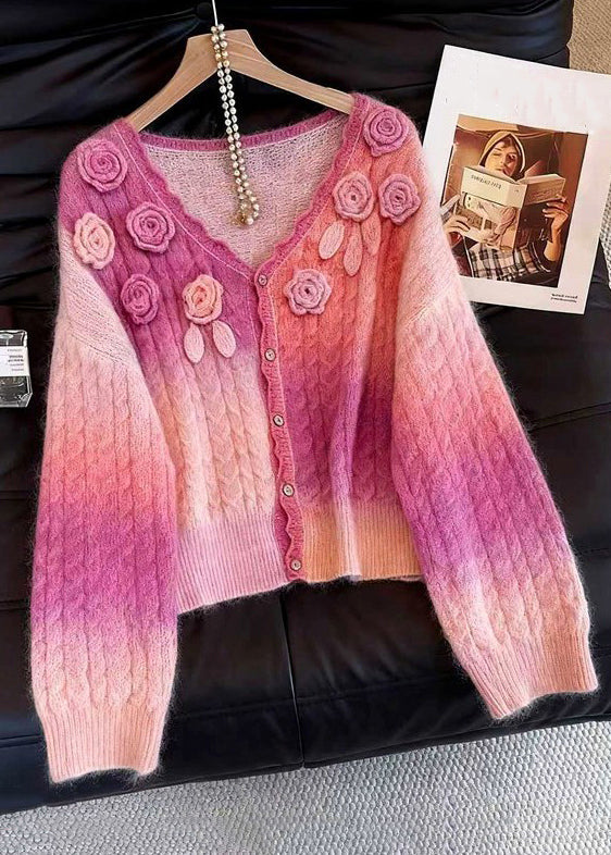 Pink Gradient Color Button Knit Cardigan V Neck Fall