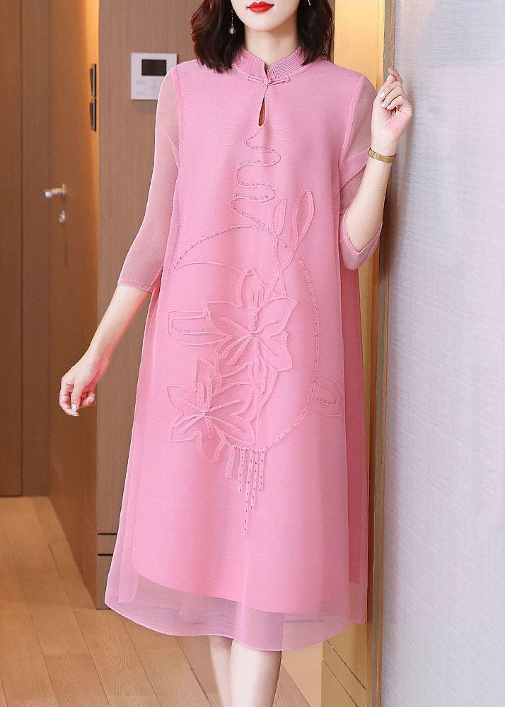 Pink Jacquard a Line Dress Mandarin Collar Wrinkled Bracelet Sleeve