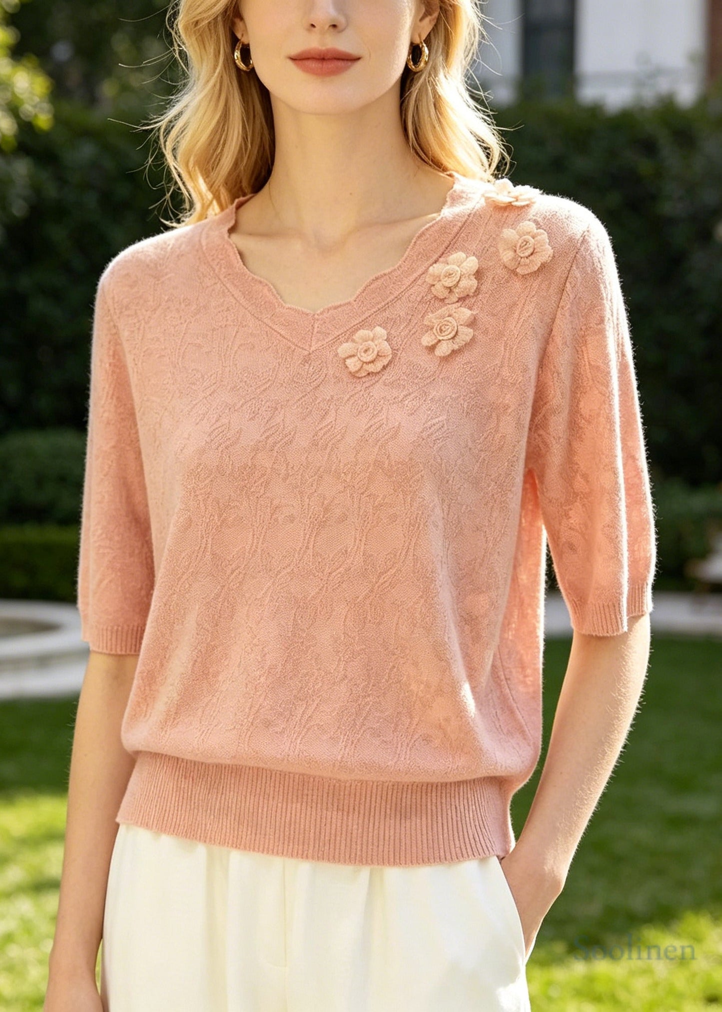 Pink Jacquard Knit Shirt Top Stereoscopic Summer