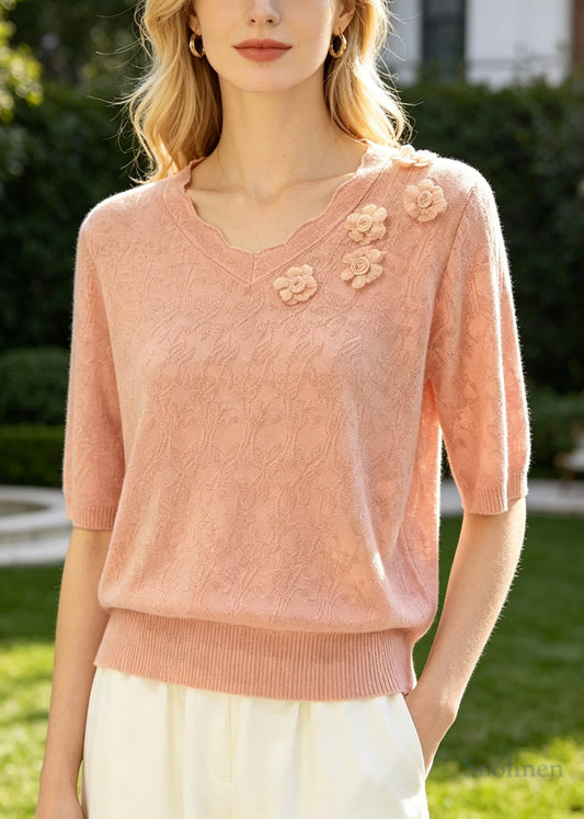 Pink Jacquard Knit Shirt Top Stereoscopic Summer