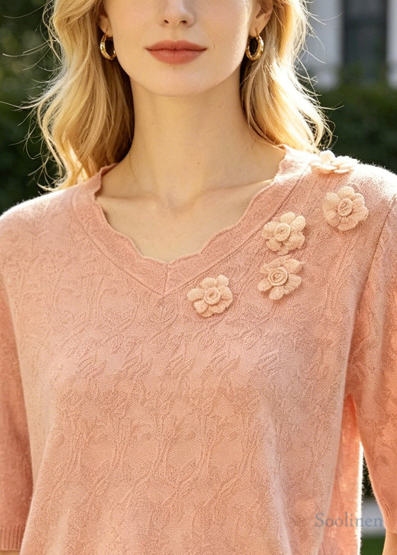 Pink Jacquard Knit Shirt Top Stereoscopic Summer