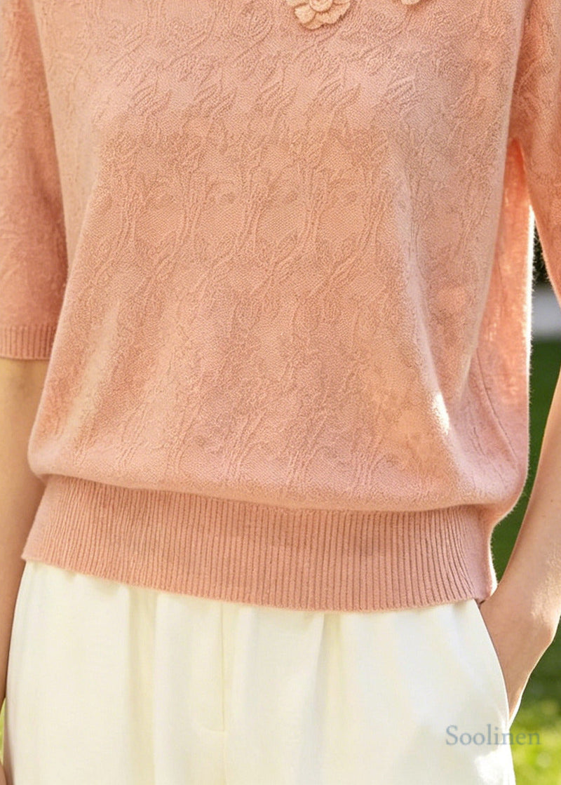 Pink Jacquard Knit Shirt Top Stereoscopic Summer