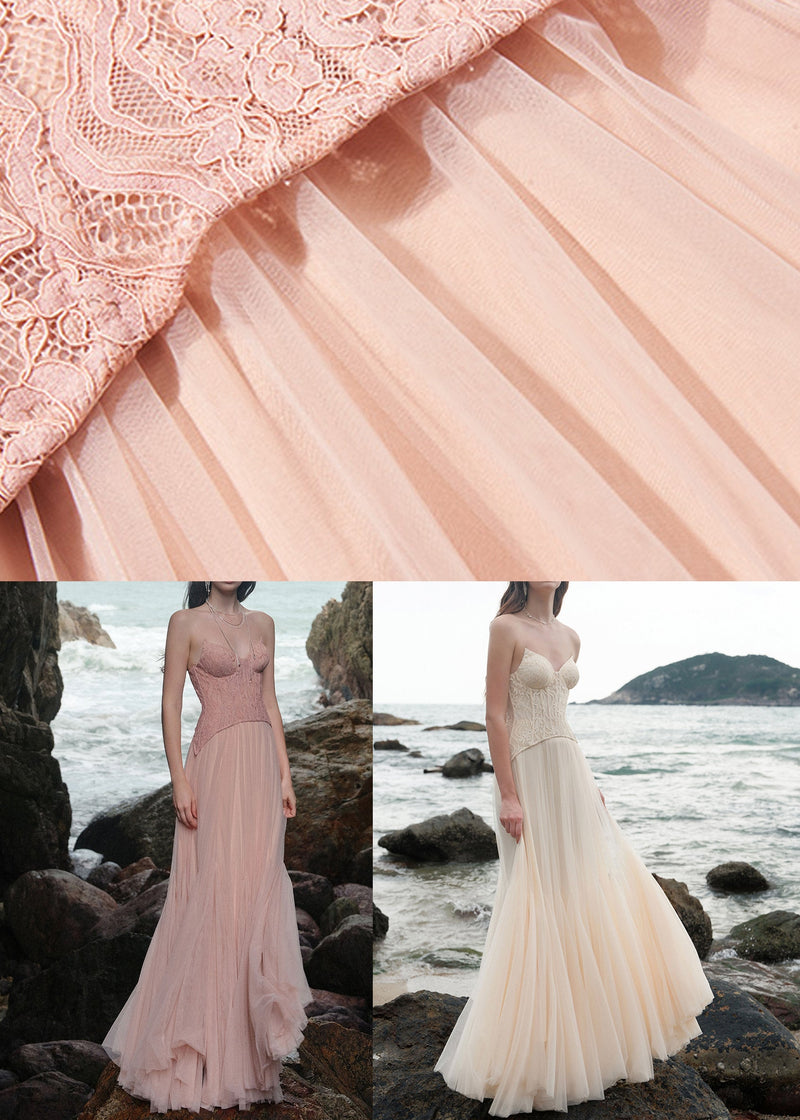 Pink Lace Patchwork Tulle Maxi Dresses Backless Summer