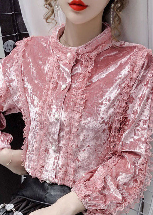 Pink Lace Patchwork Velour Blouses Stand Collar Button Long Sleeve