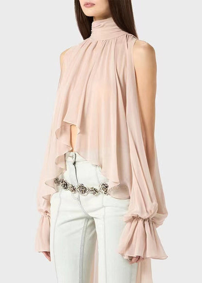 Pink Lace Up Solid Chiffon Fall Shirt Asymmetrical