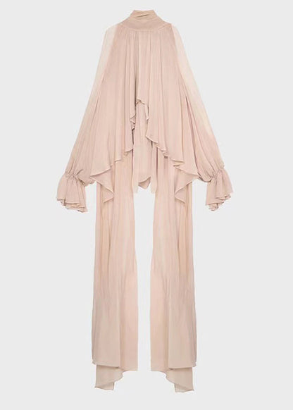 Pink Lace Up Solid Chiffon Fall Shirt Asymmetrical