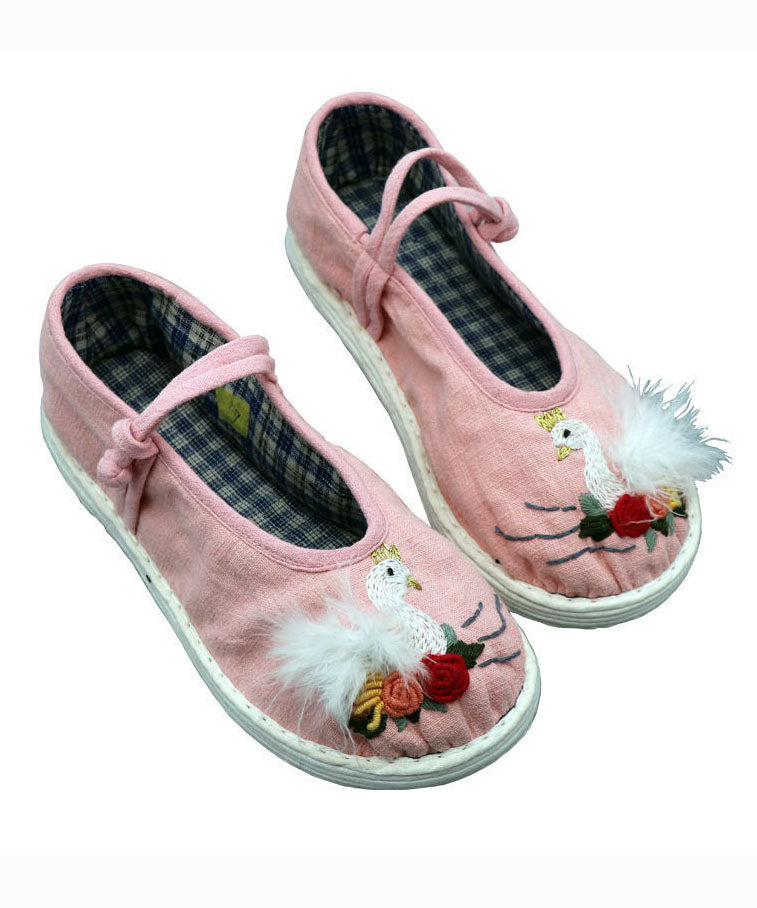 Pink Linen Fabric Flat Shoes for Embroidery Splicing Buckle Strap