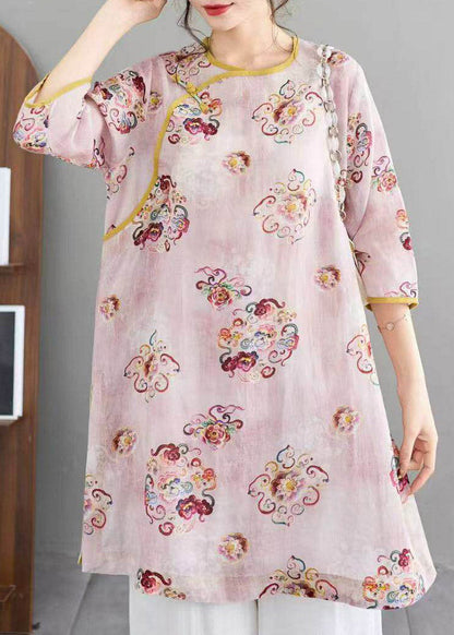 Pink O-neck Button Linen Shirts Summer