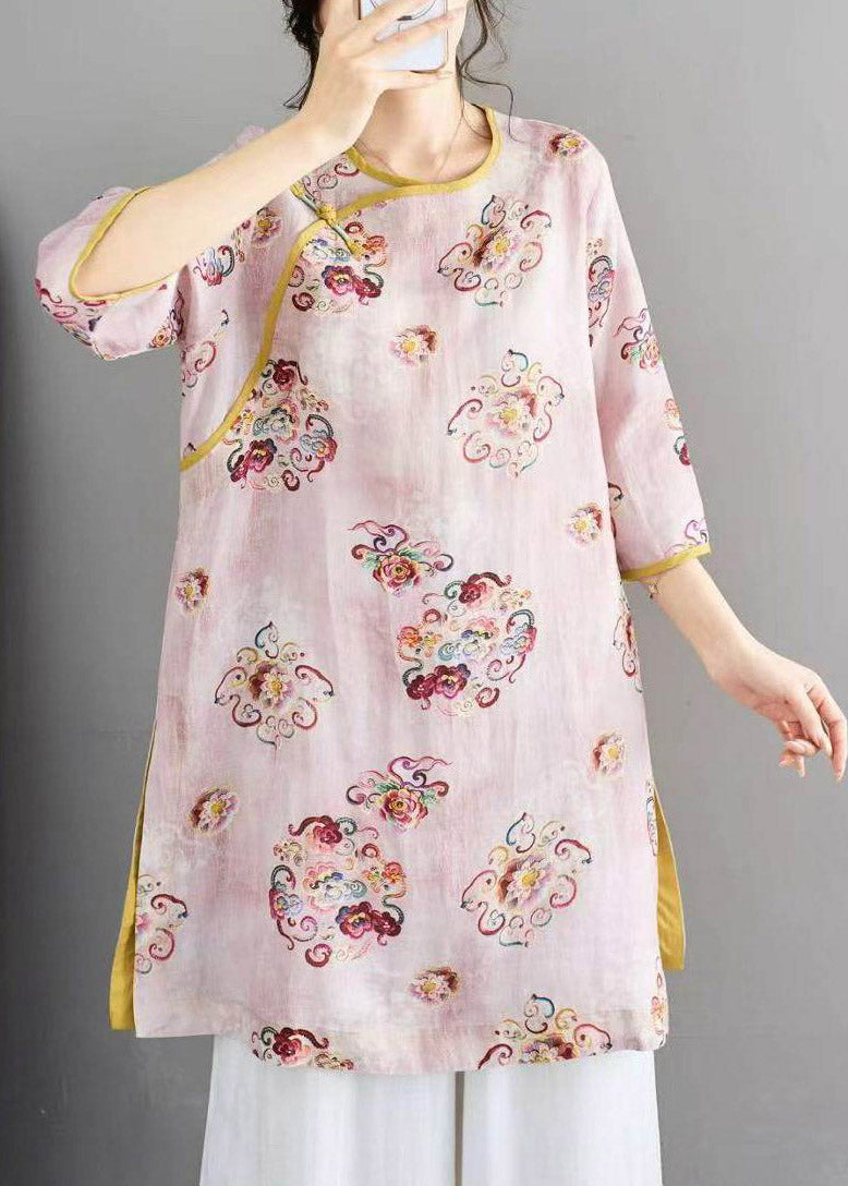 Pink O-neck Button Linen Shirts Summer