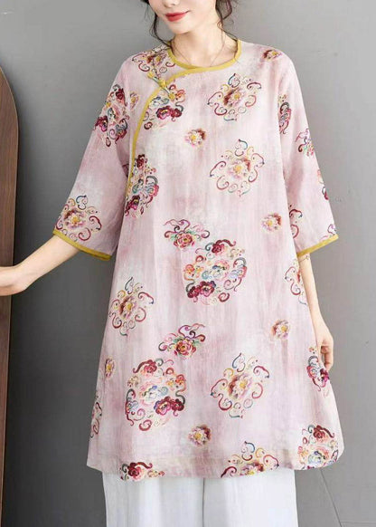 Pink O-neck Button Linen Shirts Summer