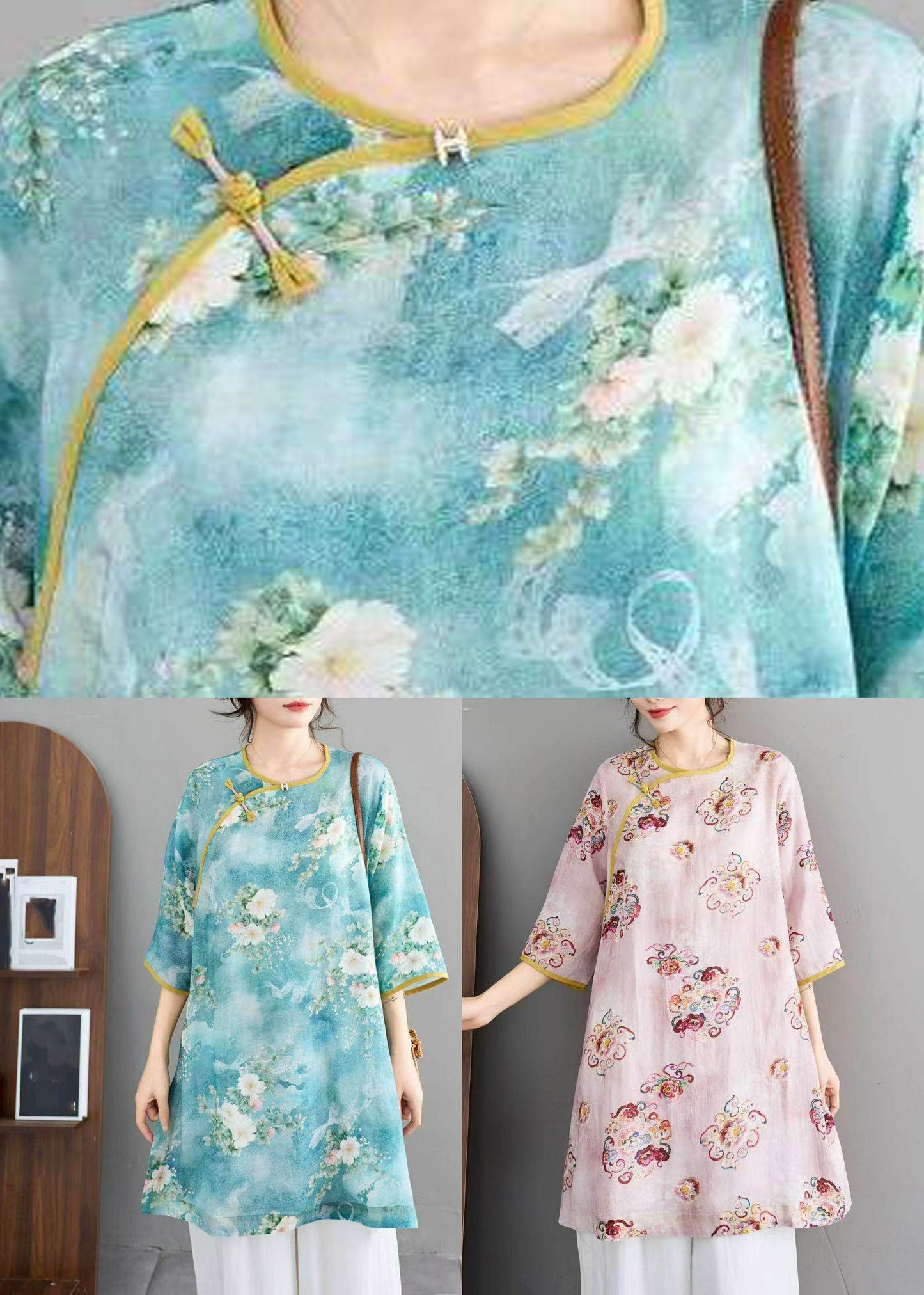 Pink O-neck Button Linen Shirts Summer