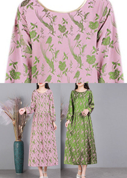 Pink O-neck Cinched Silk Dress Long Sleeve