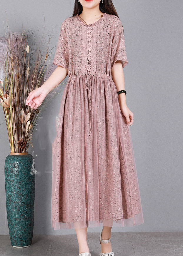Pink O-neck Embroideried Tulle Long Dresses Summer