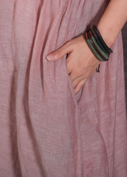 Pink O-neck Pockets Cotton Dress Short Sleeve