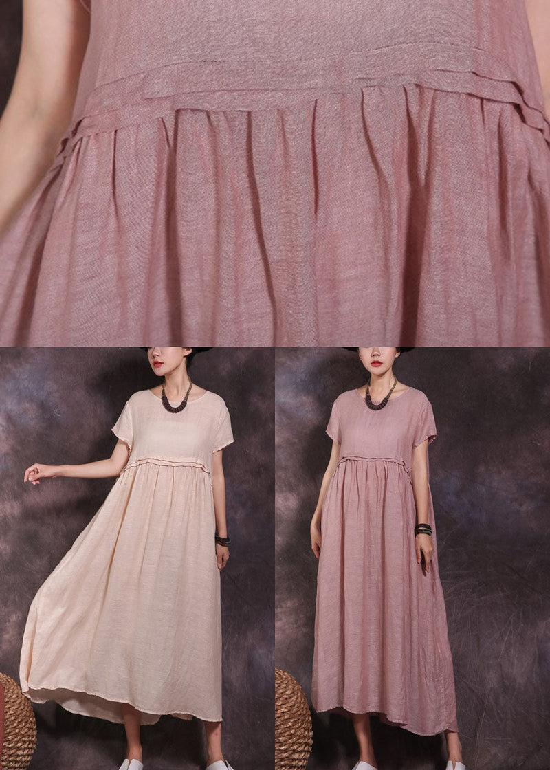 Pink O-neck Pockets Cotton Dress Short Sleeve