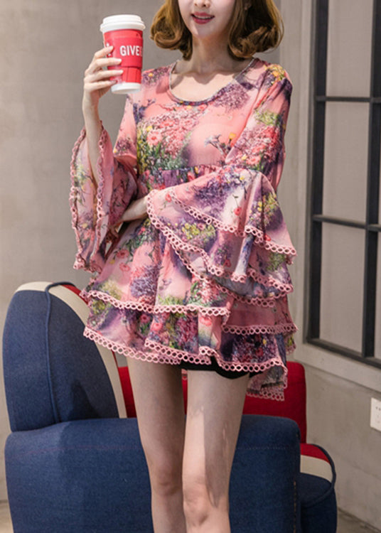 Pink O-neck Print Chiffon Top Long Sleeve