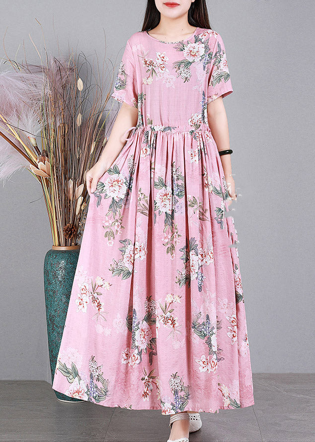 Pink O-neck Print Drawstring Linen Dresses Short Sleeve