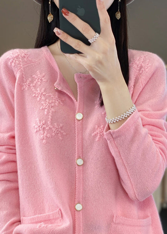 Pink O-neck Cashmere Knit Cardigan Fall