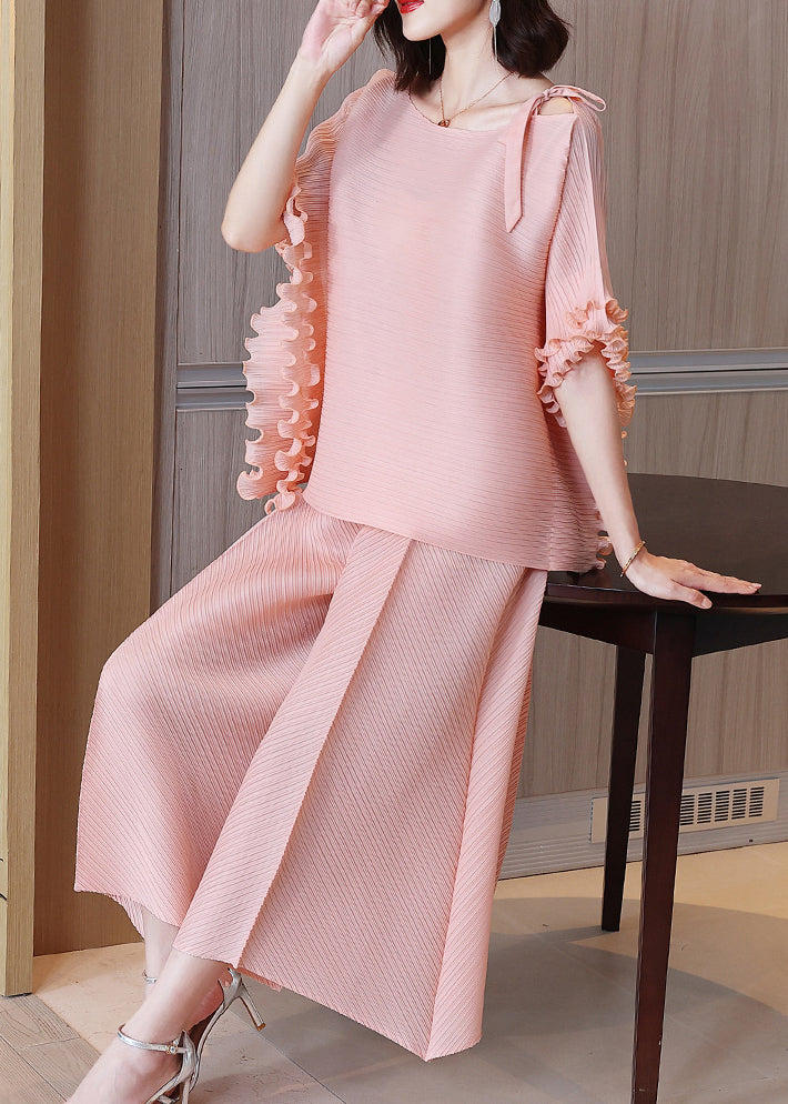 Pink O-neck Top and Wide Leg Pants Two Piece Set Fall