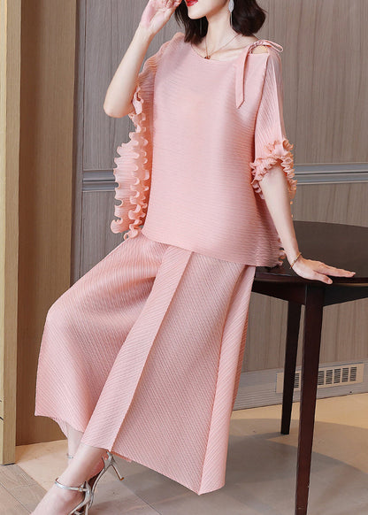 Pink O-neck Top and Wide Leg Pants Two Piece Set Fall