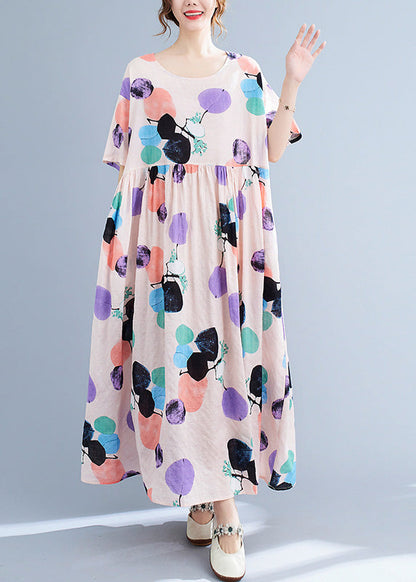 Pink O-neck Wrinkled Cozy Maxi Dresses Summer