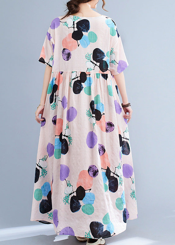 Pink O-neck Wrinkled Cozy Maxi Dresses Summer